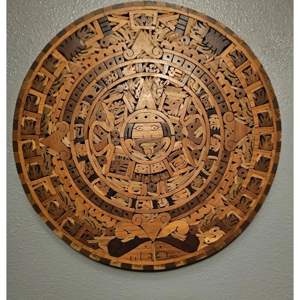 Vintage Inlaid Wood Aztec Wall Calendar Jurado Artesanos Hand Made In Mexico 16"